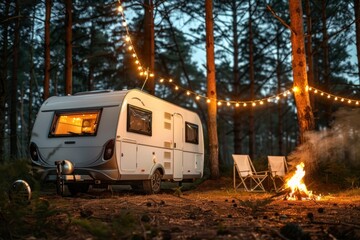 An inviting caravan and campfire scene with chairs waiting for campers amid the woods