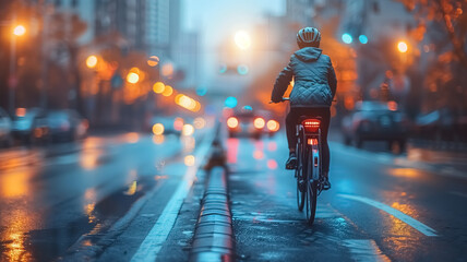 Close-up of bicycle riding in modern city, driving through busy streets, eco friendly and...
