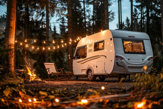 This image features a caravan site with sparkling warm lights, campfire, ready for a night in the woods