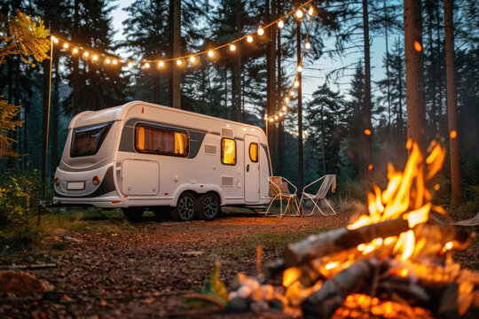 An inviting modern caravan with interior lights on, set among trees with a campfire and fairy lights, evoking a sense of adventure