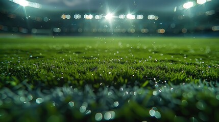 Football stadium with lights, grass close up in sports arena, background. Generative AI.