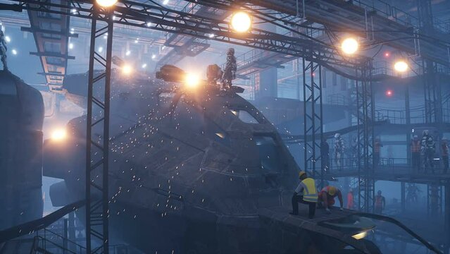 Production of military futuristic ship at the factory. People and robots Future concept. Realistic 4k animation.