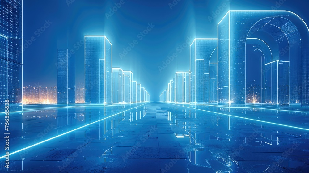 Aufkleber Background, innovative technology, high-tech, 3d building in an artificial blue light box in the style of data visualization. Generative AI.