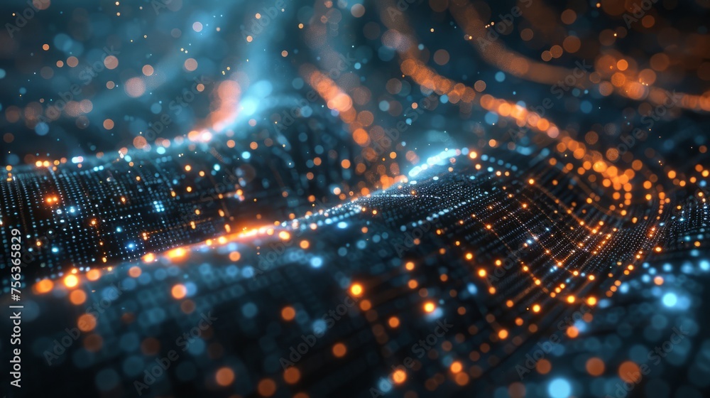 Poster digital landscape of microscopic technology, infinite binary sequences, azure sci-fi ambiance
