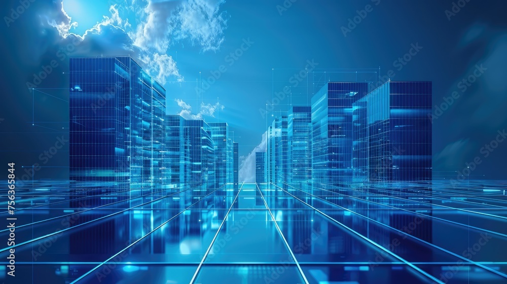 Poster background, innovative technology, high-tech, 3d building in an artificial blue light box in the sty