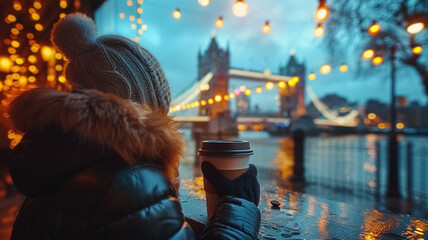 Close-up of a female hand holding a cup of coffee and Tower Bridge  is in the background,...