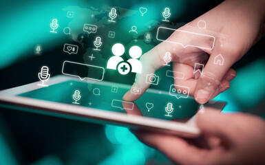 Close-up of a hand using tablet, social media concept