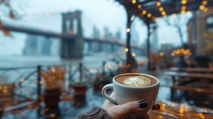 Close-up of a female hand holding a cup of coffee and Brooklyn Bridge is in the background,...