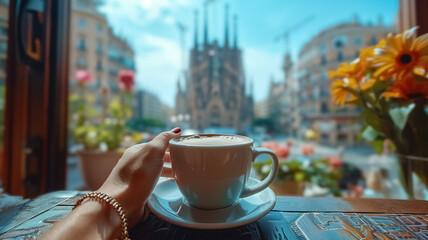 Close-up of a female hand holding a cup of coffee and La Sagrada Familia is in the background,...