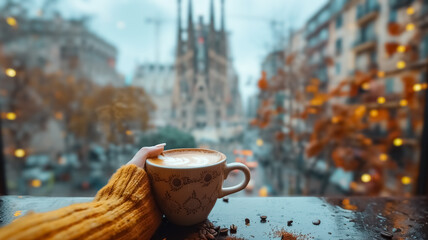Close-up of a female hand holding a cup of coffee and La Sagrada Familia is in the background, first-person photo, blurred background, travel image with well known destination