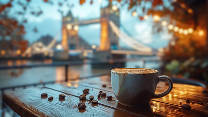 Close-up of a female hand holding a cup of coffee and Tower Bridge  is in the background, first-person photo, blurred background, travel image with well known destination - obrazy, fototapety, plakaty
