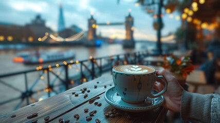 Close-up of a female hand holding a cup of coffee and Tower Bridge  is in the background, first-person photo, blurred background, travel image with well known destination