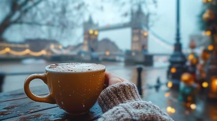 Fotobehang Tower Bridge Close-up of a female hand holding a cup of coffee and Tower Bridge  is in the background, first-person photo, blurred background, travel image with well known destination