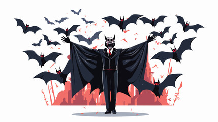 vector silhoeutte of vampire around crazy flying bat