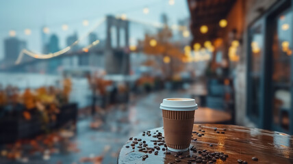 Close-up of a female hand holding a cup of coffee and Brooklyn Bridge is in the background, first-person photo, blurred background, travel image with well known destination - obrazy, fototapety, plakaty