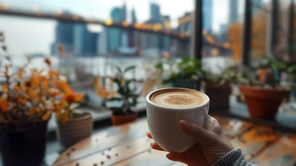Fotobehang Close-up of a female hand holding a cup of coffee and Brooklyn Bridge is in the background, first-person photo, blurred background, travel image with well known destination © Loucine