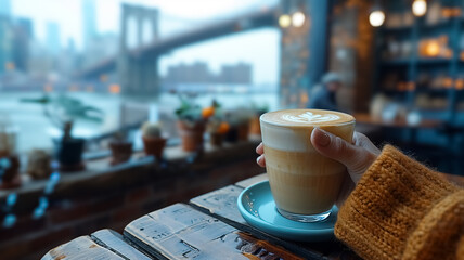 Close-up of a female hand holding a cup of coffee and Brooklyn Bridge is in the background,...