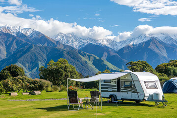 An idyllic caravan setup with chairs facing a stunning view of snow-capped mountains, great for outdoorsy holidaymakers and explorers - obrazy, fototapety, plakaty