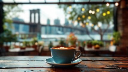 Close-up of a female hand holding a cup of coffee and Brooklyn Bridge is in the background,...