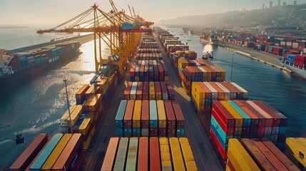 An aerial view shows the complex structure of a seaport with neatly stacked colorful containers, massive cranes and a loading cargo ship. Business logistics concept - obrazy, fototapety, plakaty