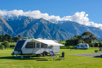 Idyllic camping setup with a caravan and its awning open, framed by majestic mountains under a blue sky - obrazy, fototapety, plakaty