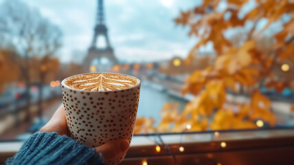 Close-up of a female hand holding a cup of coffee and an Eiffel Tower is in the background, first-person photo, blurred background, travel image with well known destination