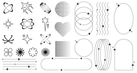 Set of abstract retro futuristic elements and shapes and aesthetic line frames boho, brutalism, Y2K style. Geometric elements with sparkles for template social media, poster, banner, logo, stickers