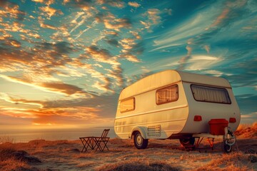 As the sun dips low, this image captures the nostalgia of a vintage caravan parked on the sandy shores, awaiting adventure - obrazy, fototapety, plakaty