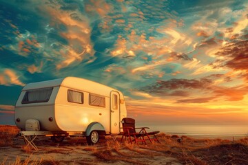 The twilight sky creates a dramatic backdrop for the classic caravan by the serene coastal beach