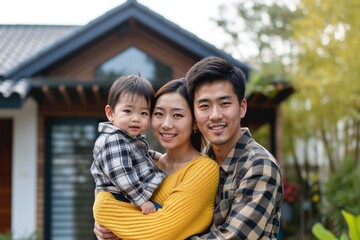 Happy Chinese family with a toddler baby standing in front of their new home. Concept of renting, mortgage, social housing.