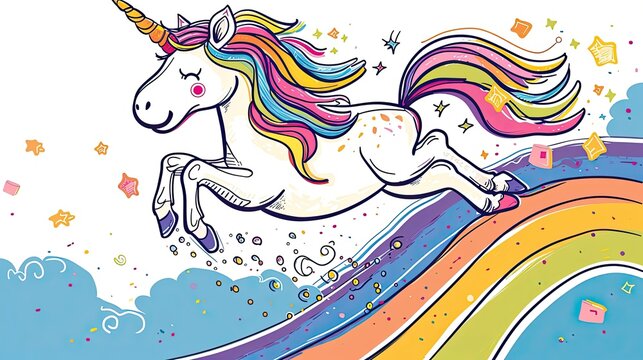 Cute unicorn. Abstraction, doodle, clouds, tail, fairy tale, toy, rainbow, horse, myth, horn, miracles, imagination, pony, princess, dream, sorceress, magic, mane. Generated by AI