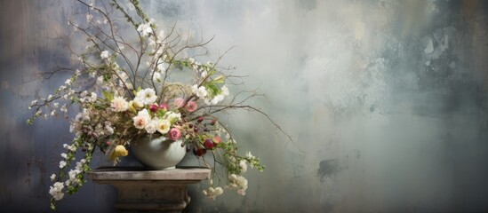 Floral arrangement in a spring interior on a concrete backdrop
