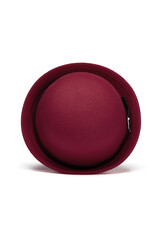 Close-up shot of a burgundy felt hat with black leather strap. The casual felt hat is isolated on a white background. Top view.