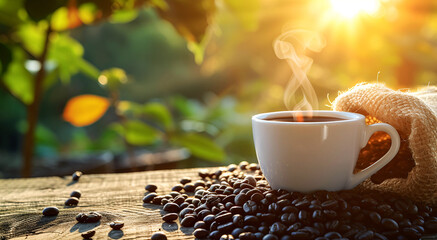 A cup of black coffee with hot vapors rising and a bag with coffee beans scattered on a wooden table. Morning nature background.
