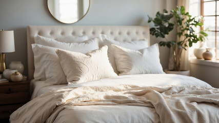 Sonnenbeschienenes Schlafzimmer mit elegantem Bett und natürlichen Akzenten - obrazy, fototapety, plakaty