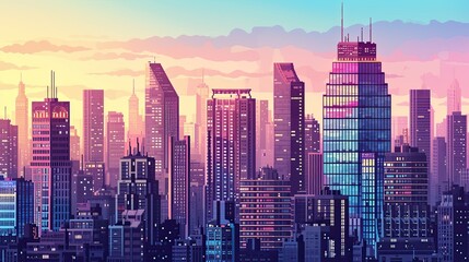 Retro pixel art cityscape with skyscrapers. Retro, cityscape, skyscrapers, buildings, urban, vintage, nostalgia, skyline, architecture. Generated by AI - obrazy, fototapety, plakaty