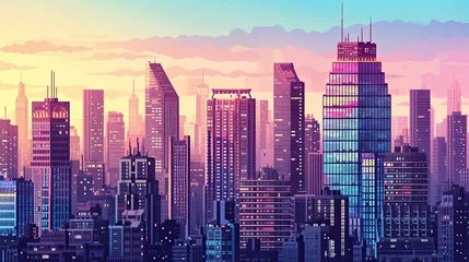 Fotobehang Retro pixel art cityscape with skyscrapers. Retro, cityscape, skyscrapers, buildings, urban, vintage, nostalgia, skyline, architecture. Generated by AI © Anastasia