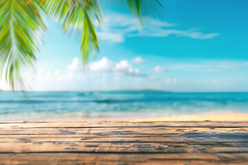 Tropical beach background with palm tree and empty wooden table