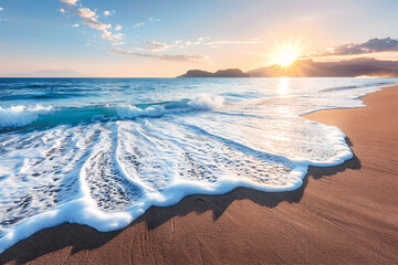 Soft wave of blue ocean on sandy beach background