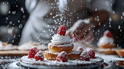 A person is sprinkling powdered sugar on a cupcake with raspberries on top - obrazy, fototapety, plakaty