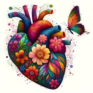 abstract image of a human heart with flowers on a white background.