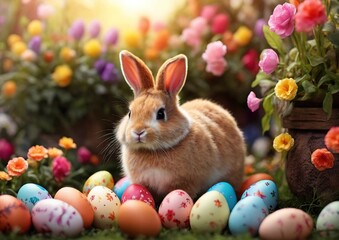 Fototapeta na wymiar Easter - Cute Bunny in the sunset garden with Decorated Colorful Eggs and colorful flowers