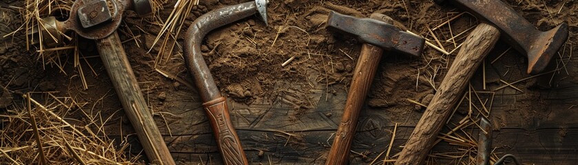 Fototapeta na wymiar Traditional farm tools laid against a backdrop of biotechnological instruments