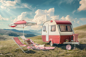 A quaint retro caravan encampment with a striped red awning set on a picturesque hillside under a partly cloudy sky - obrazy, fototapety, plakaty
