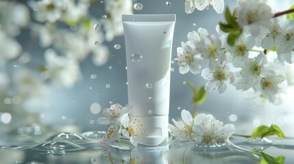 white cosmetic tube on a glass background with sakura flowers and water drops