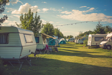 A serene caravan park on a sunny day, with caravans and tents settled on vibrant green grass under a blue sky with fluffy clouds
