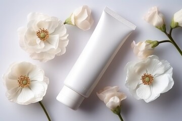 white cosmetic tube for cream on a white background with white anemones