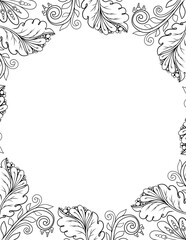 Round frame template with leaves black outline  on white background for invitation, banner, wedding design
