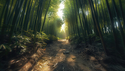 A straight path through a bamboo forest, in the daylight. Generative AI.