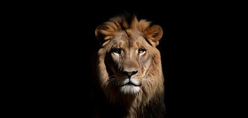 portrait of a lion against black background